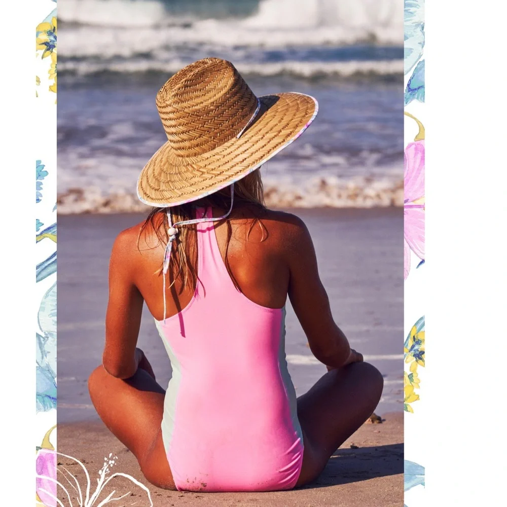 NWT Hurley X Love Shack Fancy collab. High neck, one piece zip swimsuit.Pink/blu - Picture 3 of 10